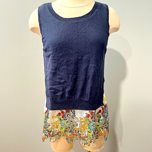 Anthropologie Moth Navy Double Layer Sweater Sleeveless Top Crochet Hem Medium - Picture 1 of 7